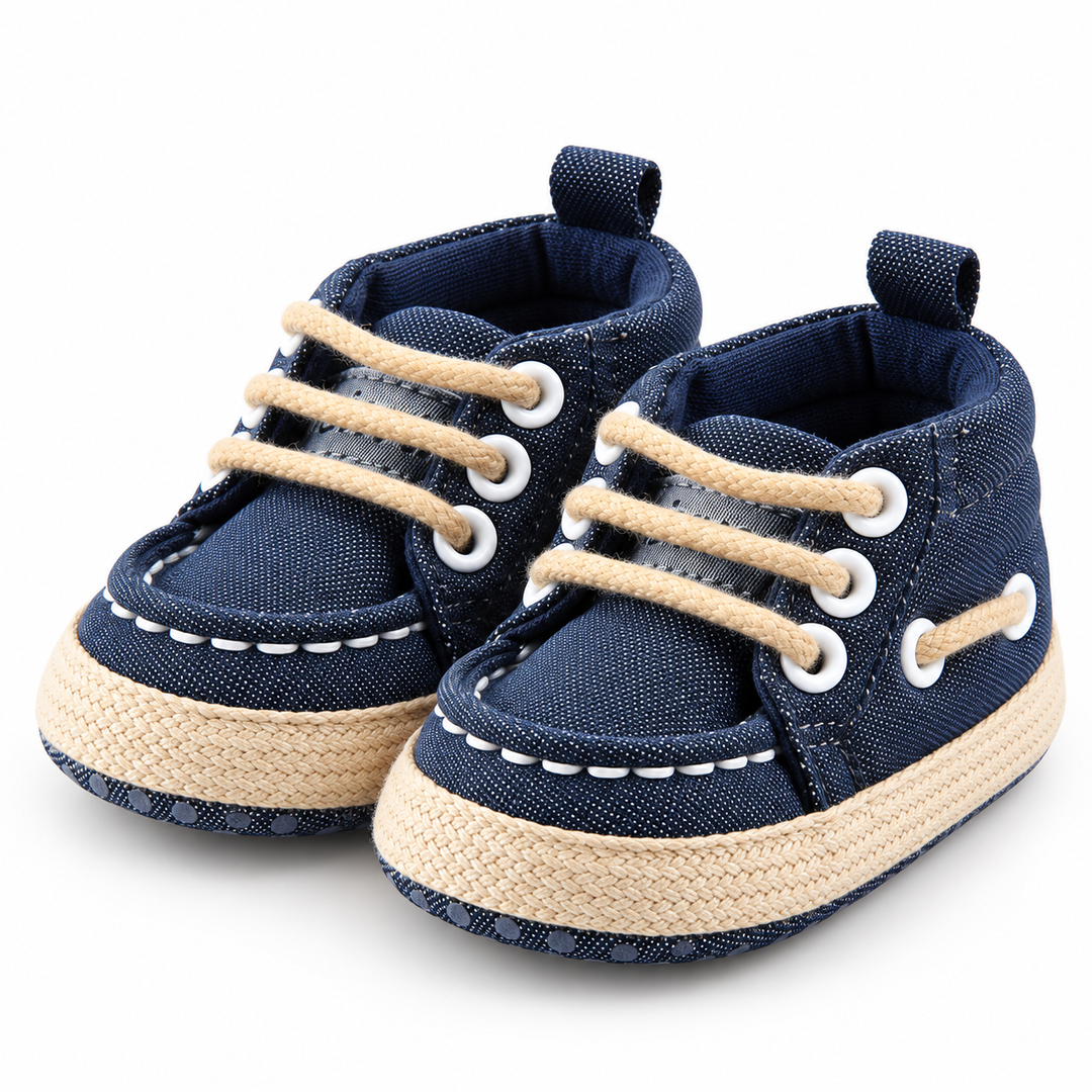 Blue baby canvas crib shoes three-quarter product view