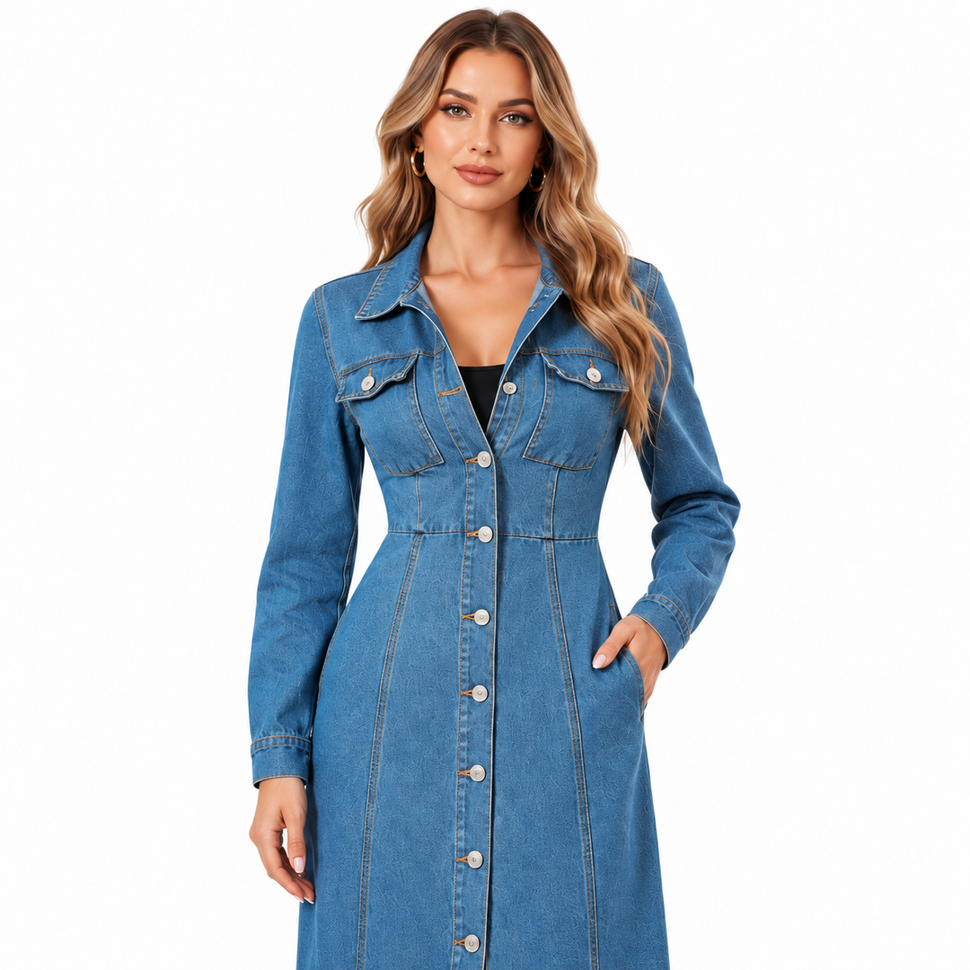 Blue denim dress upper-body detail showing collar, chest pockets, seams and metal buttons