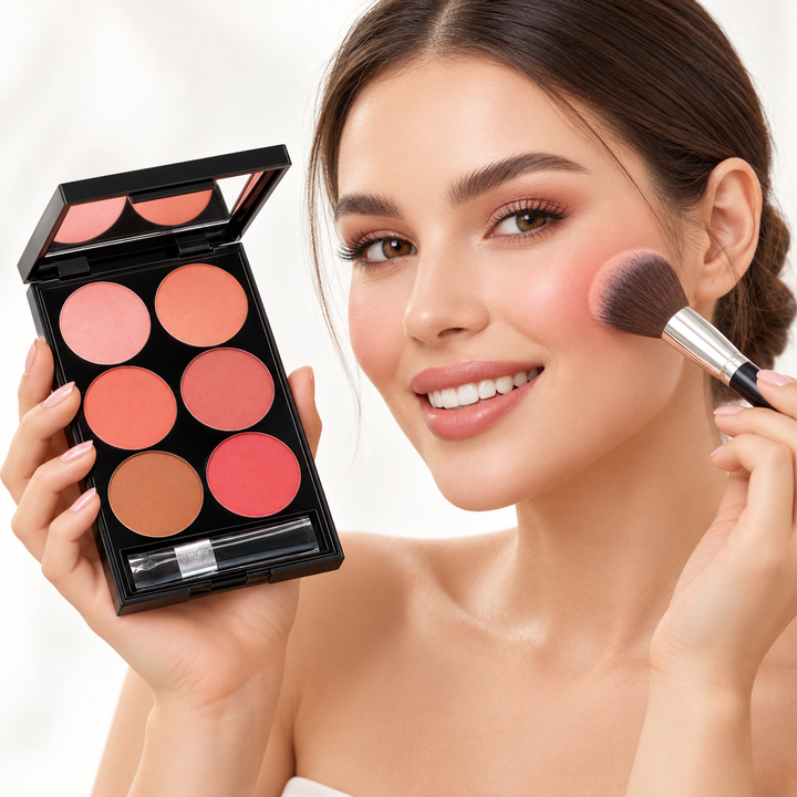 Model applying blush while holding six-shade palette