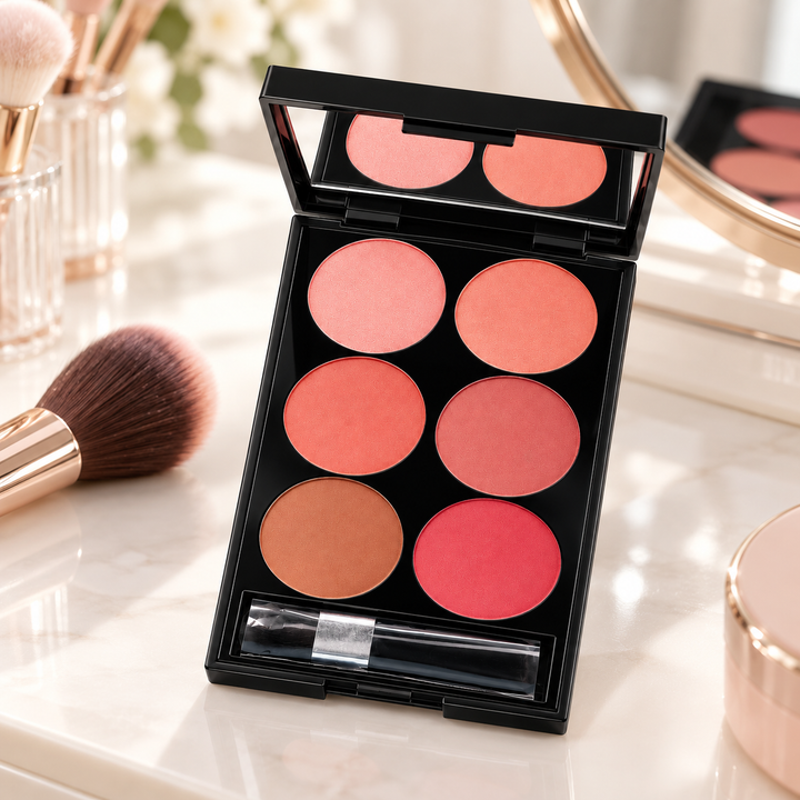 Six-shade blush palette styled on vanity