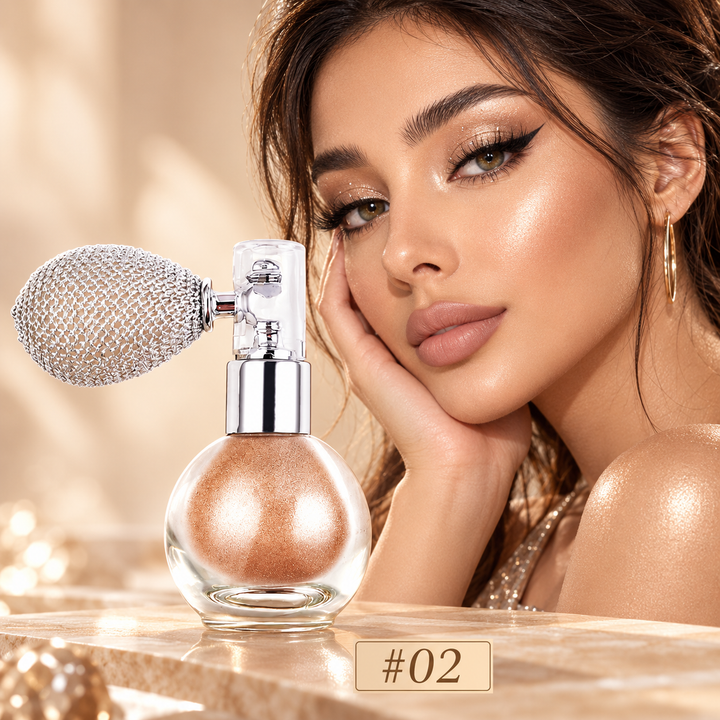 Champagne body glitter spray shown as a single shimmer bottle