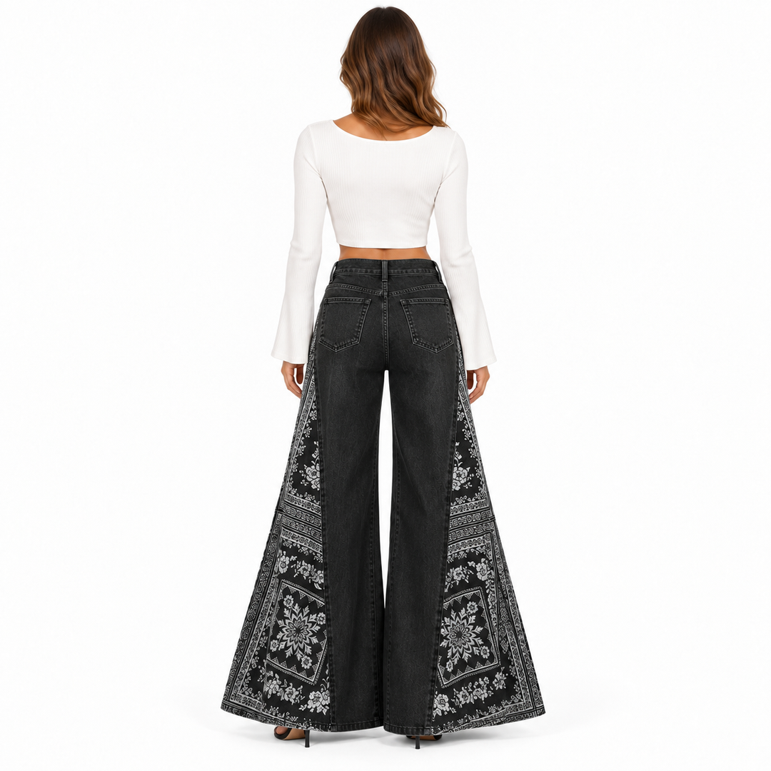 Bohemian wide leg pants in washed black, full back view showing wide printed panels