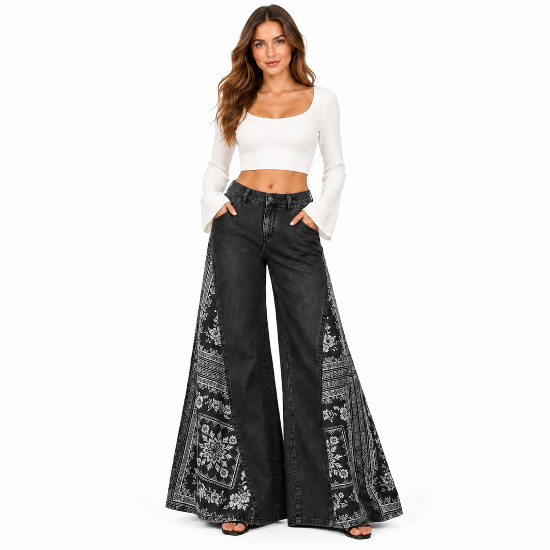 Bohemian wide leg pants in washed black, clean front studio view