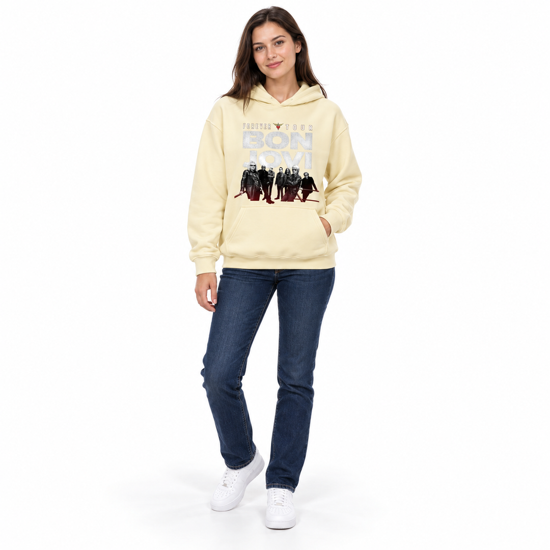Bon Jovi graphic fleece hoodie in cream, shown from the front on a full-length female model with dark jeans in a white studio