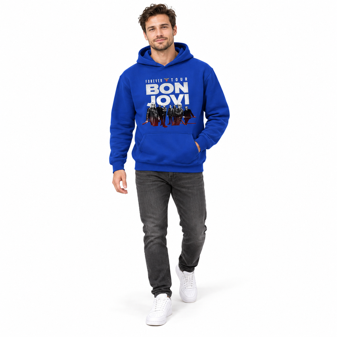 Royal blue graphic pullover hoodie on a full-length male model in a leisurely walking pose with dark jeans in a white studio.