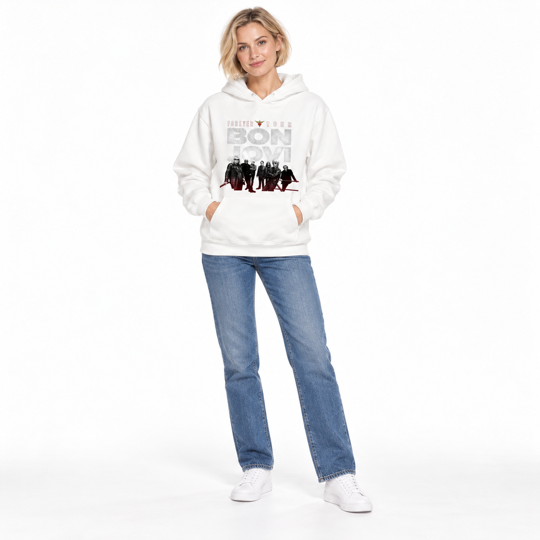 White graphic pullover hoodie on a full-length blonde female model wearing blue jeans and white trainers in the white studio.