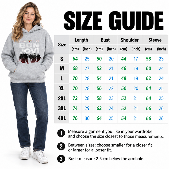 Bon Jovi graphic fleece hoodie size chart with original centimetre and inch values, beside the model wearing the grey hoodie.