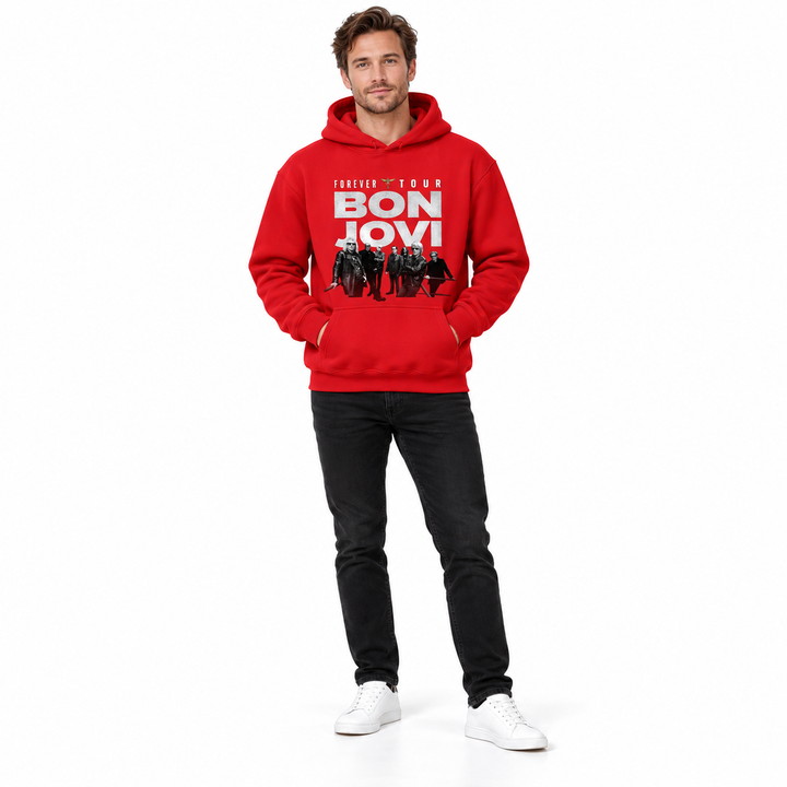 Red graphic pullover hoodie shown from the front on a full-length adult model wearing black jeans against a white background.