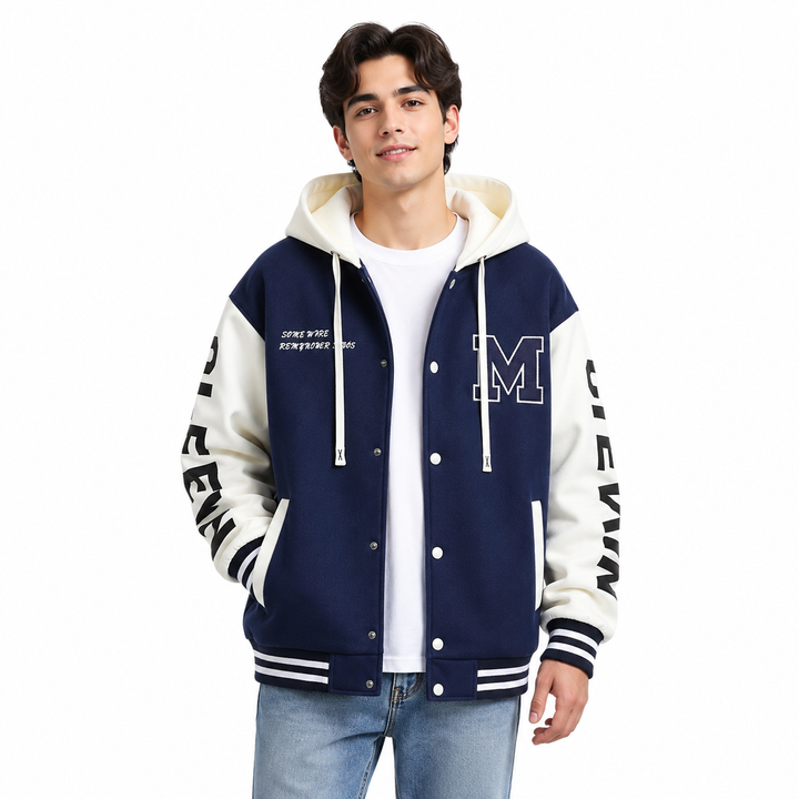 Boys colorblock hoodie jacket in navy and white shown on male model against a clean white studio background
