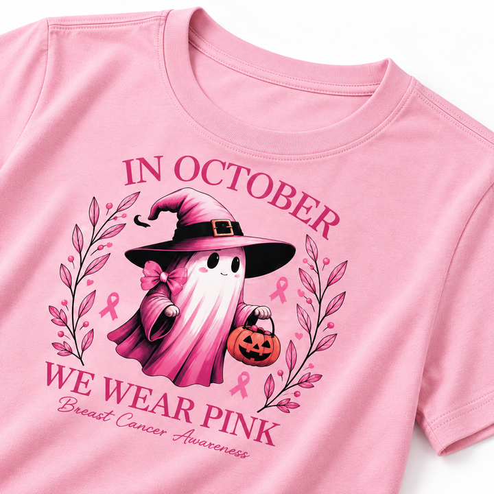 Pink awareness tee ghost witch and ribbon print close-up