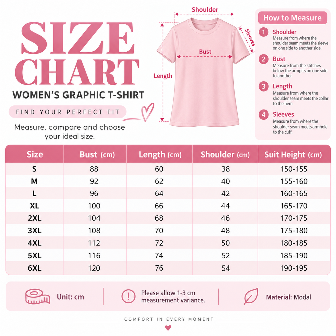 Pink graphic tee size chart with verified S to 6XL measurements