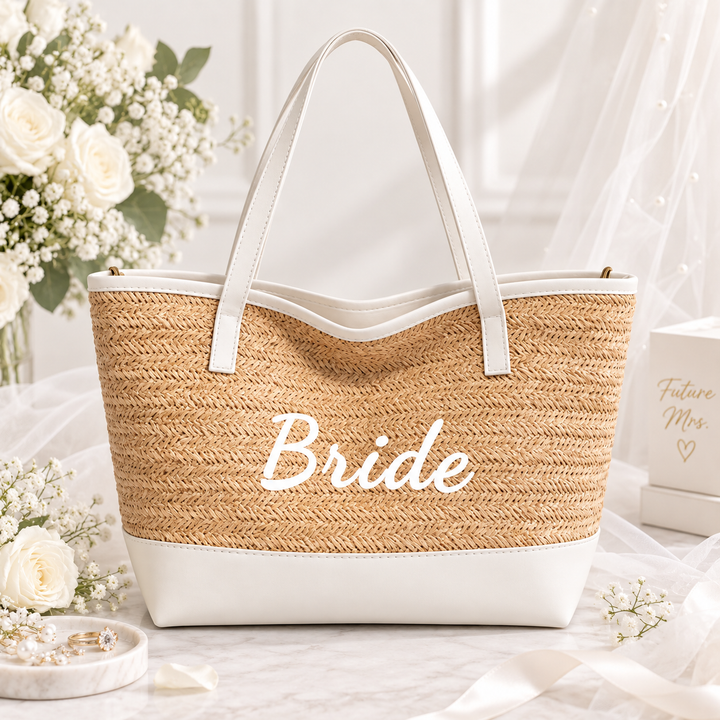 Bride woven tote styled with white flowers and bridal accessories in a bright setting