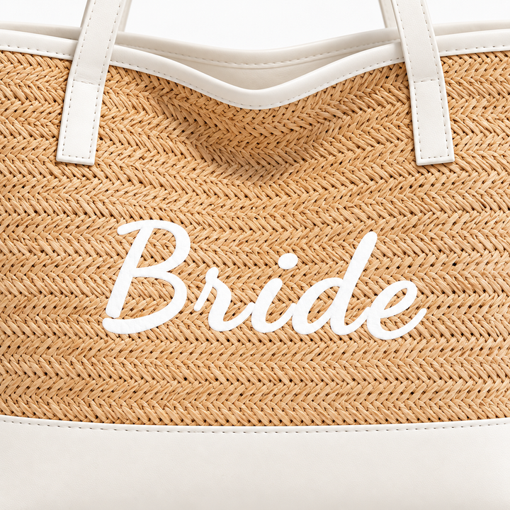 Close-up of Bride script, woven texture and white base panel on the tote