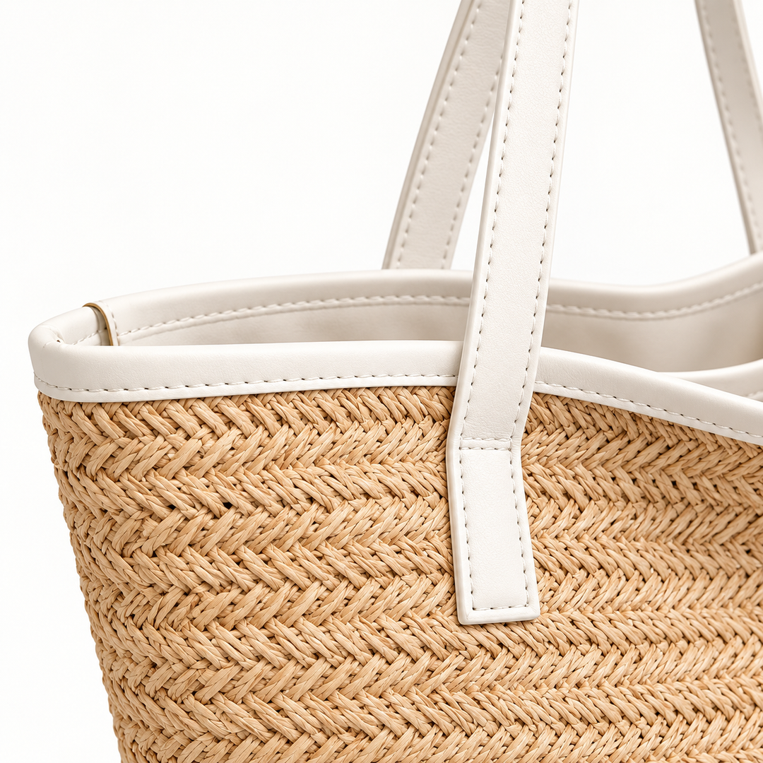Close-up of Bride woven tote handle attachment, trim, stitching and woven texture