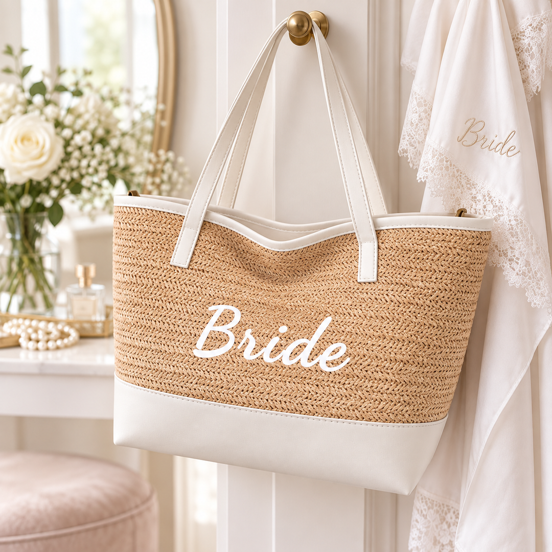 Bride woven tote hanging in a bridal getting-ready setting with white accessories
