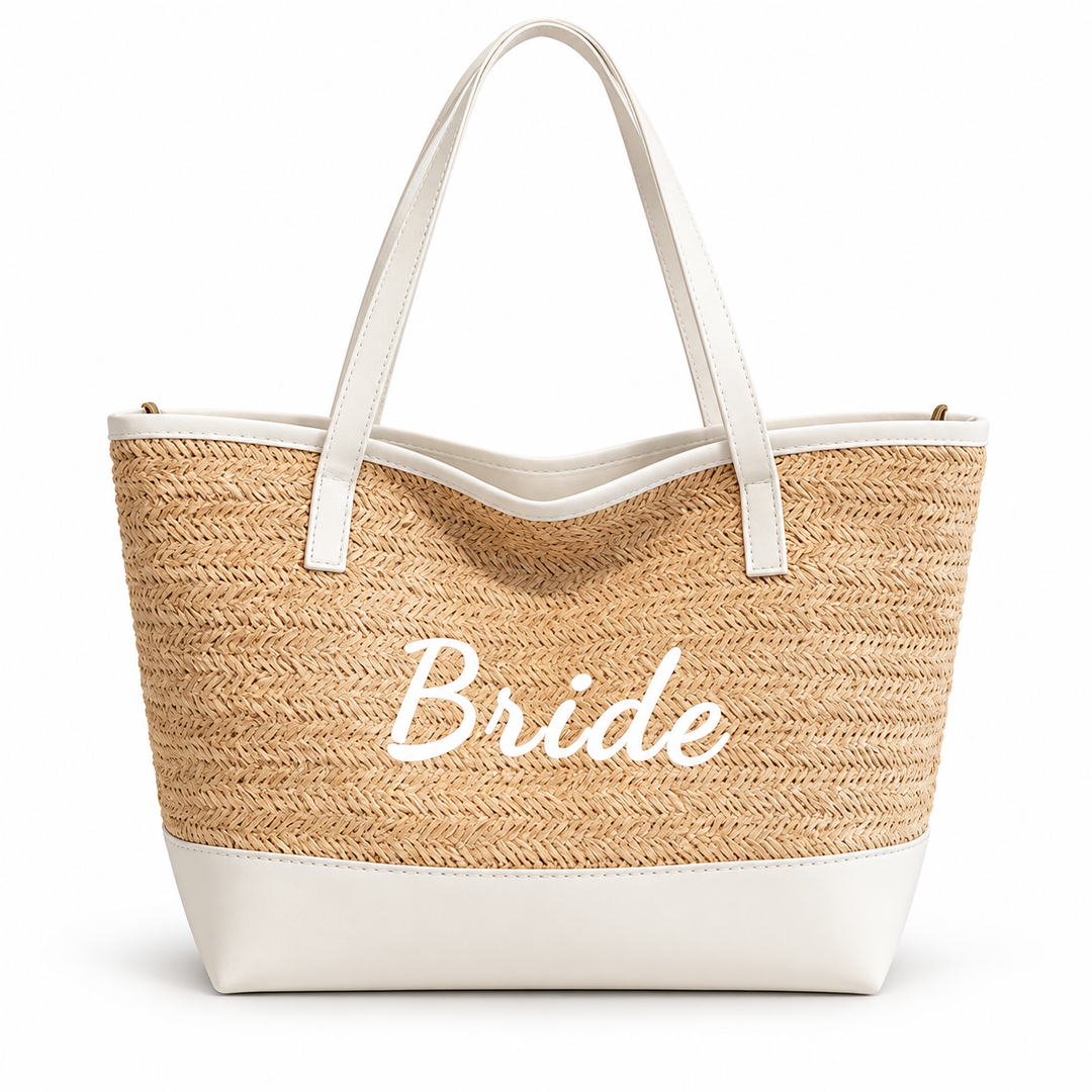 Bride woven tote in Light Khaki / White shown front-on against a clean white background
