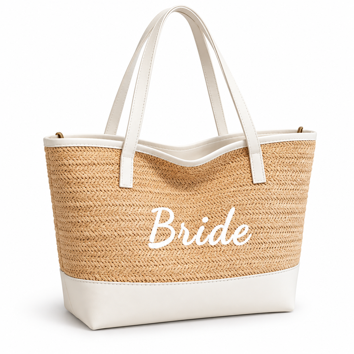 Bride woven tote in Light Khaki / White shown from a side-front angle on white