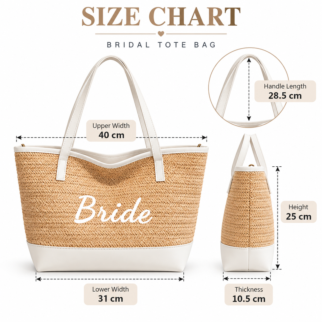 Bride woven tote size chart with verified upper width, lower width, height, thickness and handle length