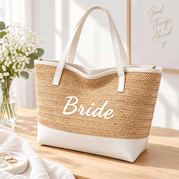 Bride woven tote displayed on a light wood surface in a bright bridal lifestyle setting