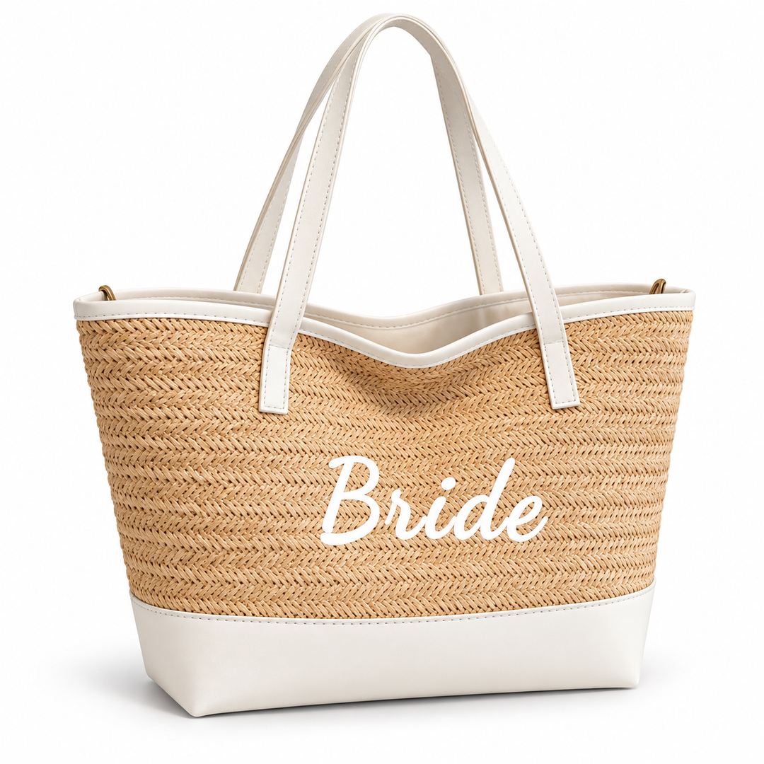 Bride woven tote in Light Khaki / White shown from a three-quarter front angle