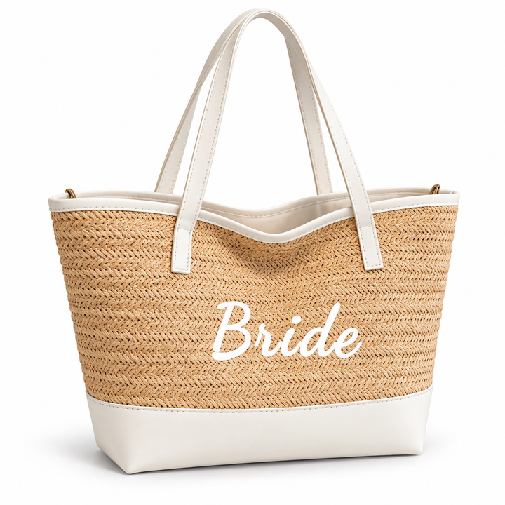 Bride woven tote in Light Khaki / White shown from a three-quarter front angle