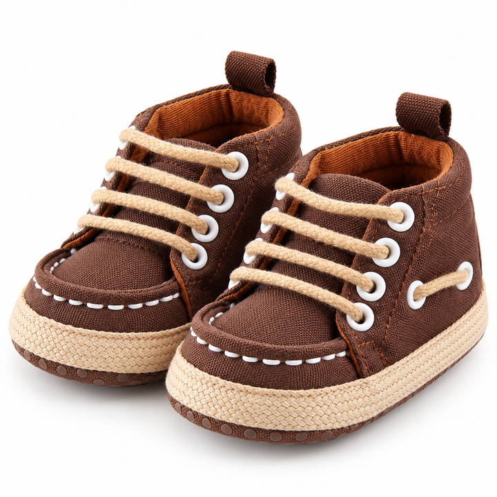 Brown baby canvas crib shoes three-quarter product view