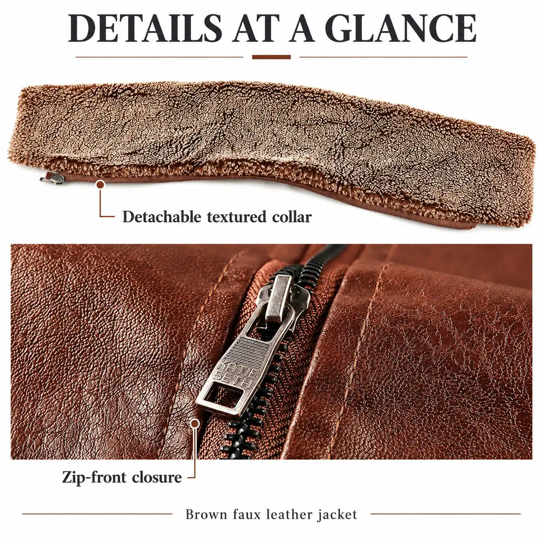 Brown jacket detail infographic showing the detachable textured collar and zip-front closure.