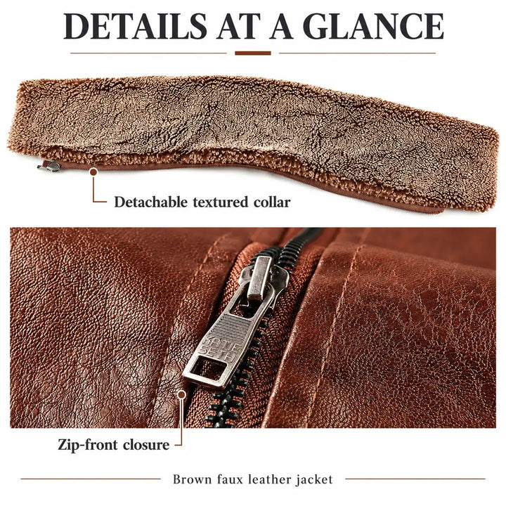 Brown jacket detail infographic showing the detachable textured collar and zip-front closure.