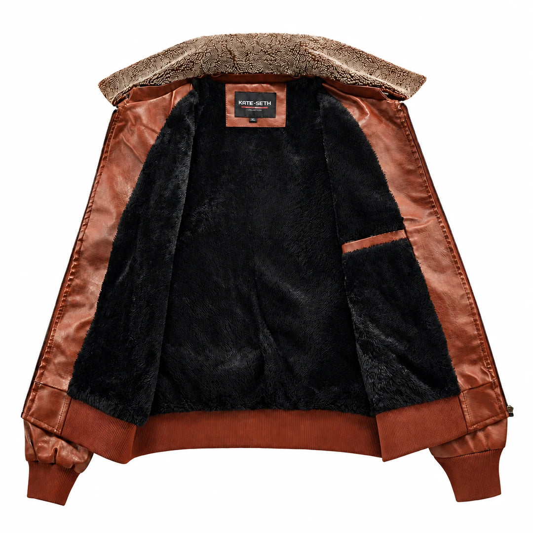 Brown jacket opened to show black plush lining, an inner pocket, ribbed cuffs and hem against a white background.