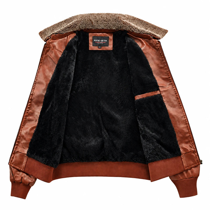 Brown jacket opened to show black plush lining, an inner pocket, ribbed cuffs and hem against a white background.