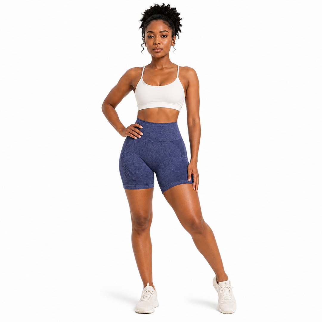 Blue high-waist seamless yoga shorts front view on female model