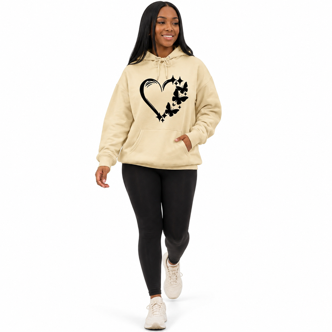 Sand beige butterfly hoodie for women in natural walking pose