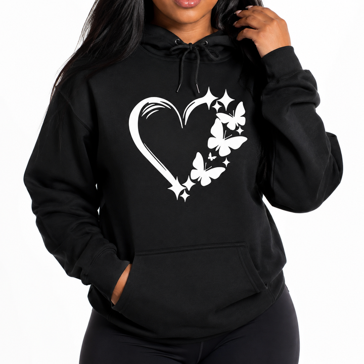 Black butterfly hoodie for women close-up showing white heart graphic