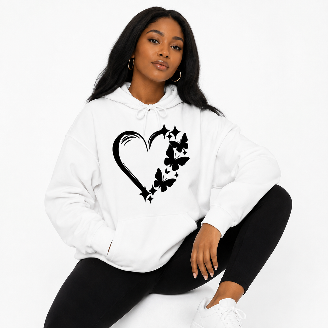 White butterfly hoodie for women styled on a clean studio background