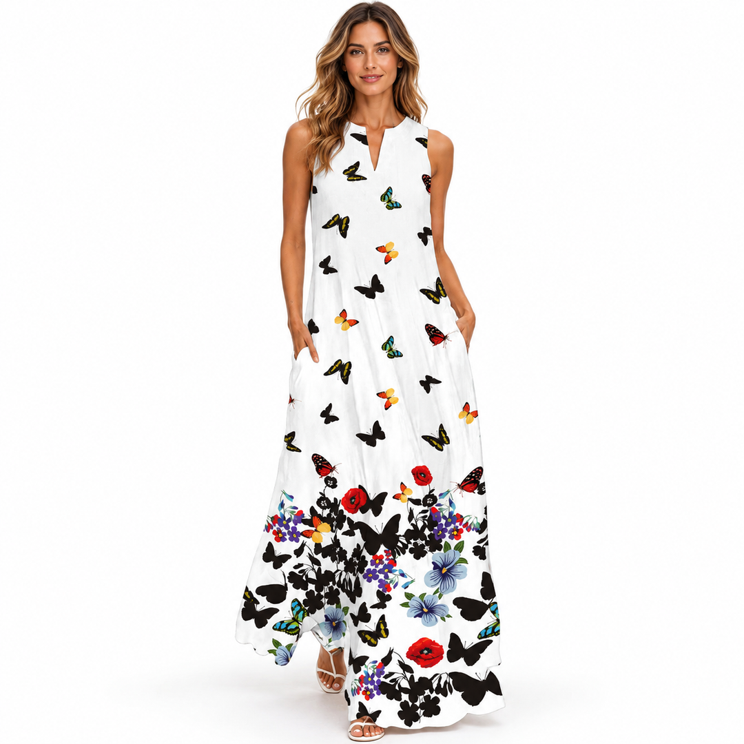 White butterfly floral sleeveless maxi dress with pockets, full front studio view