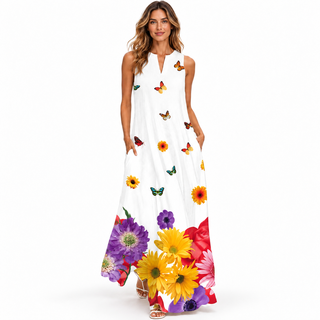 White floral butterfly print sleeveless maxi dress with pockets, full front studio view