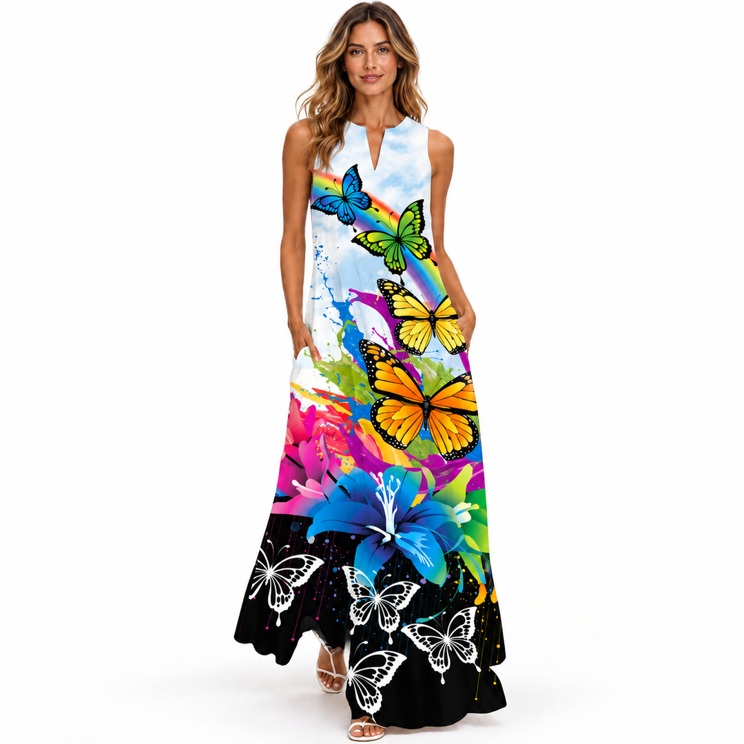 Multicolor butterfly print sleeveless maxi dress with pockets, full front studio view