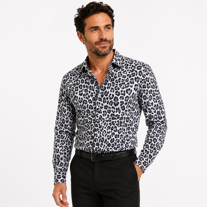 Aloha-inspired men’s long sleeve shirt with loose fit and easy-care fabric
