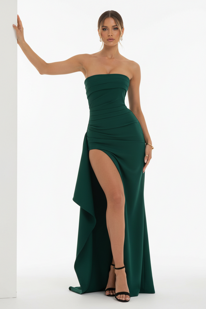 Strapless Pleated Maxi Dress Elegant Split Style Summer