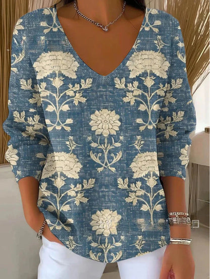 Women's Gradient Color V-neck Long-sleeved T-shirt