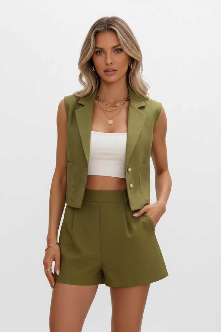 Sleeveless lapel vest black tailored waist women&