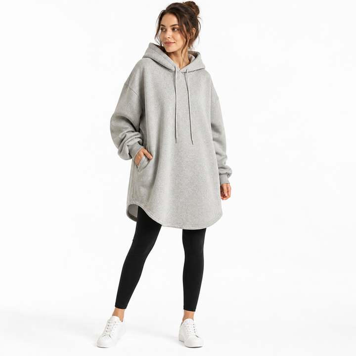 Close-up of drawstring hood and soft sweatshirt neckline