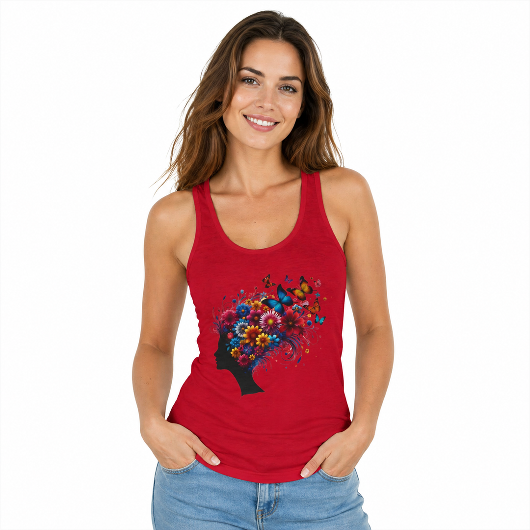 Solid-color racerback tank on model with sporty scoop neckline and clean shoulder cut.