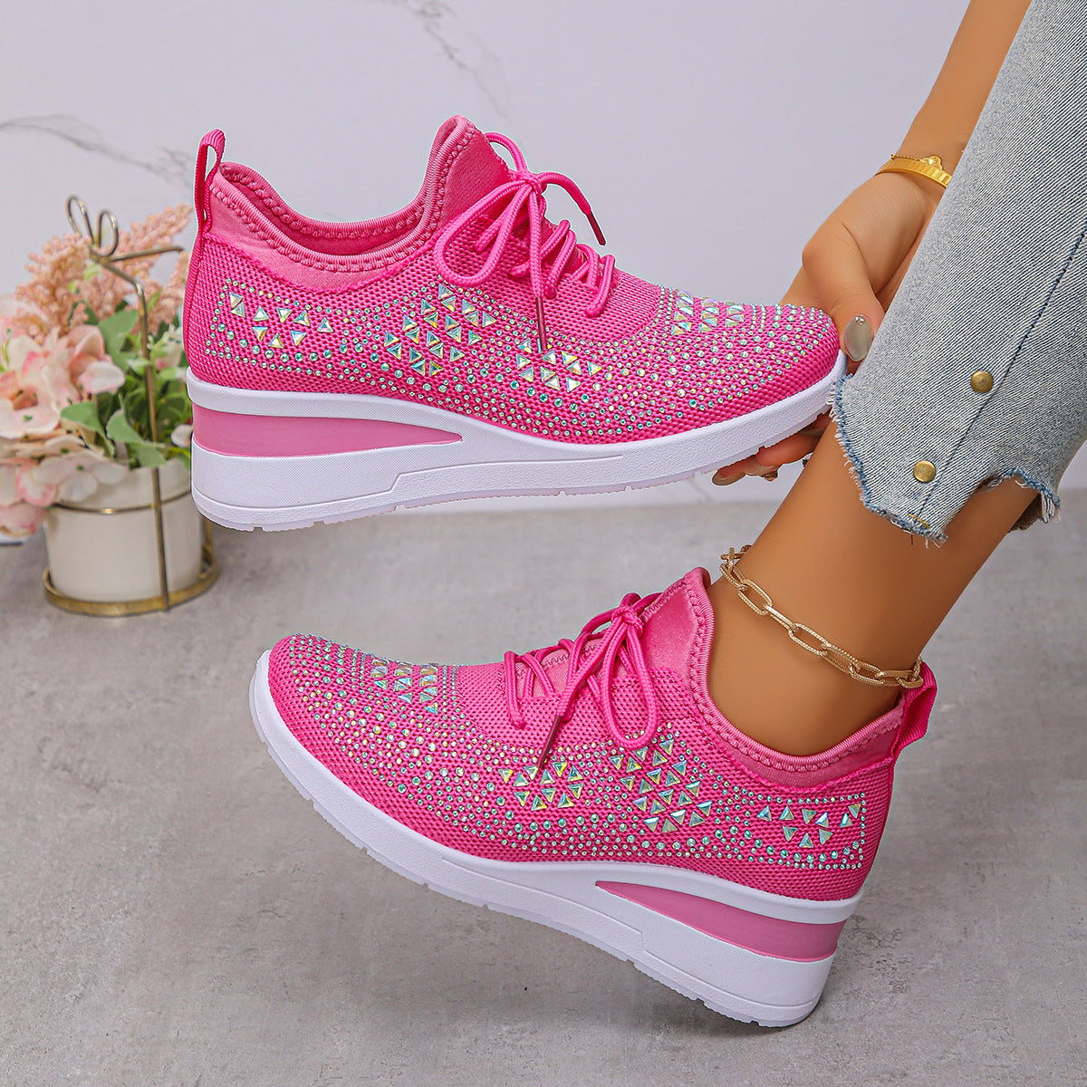 Ins Rhinestone Wedge Sneakers With Hidden Height Boost