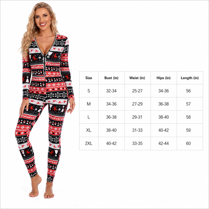 Womens black Christmas printed jumpsuit with regular sleeves, pullover design and tight pants for holiday streetwear outfits.