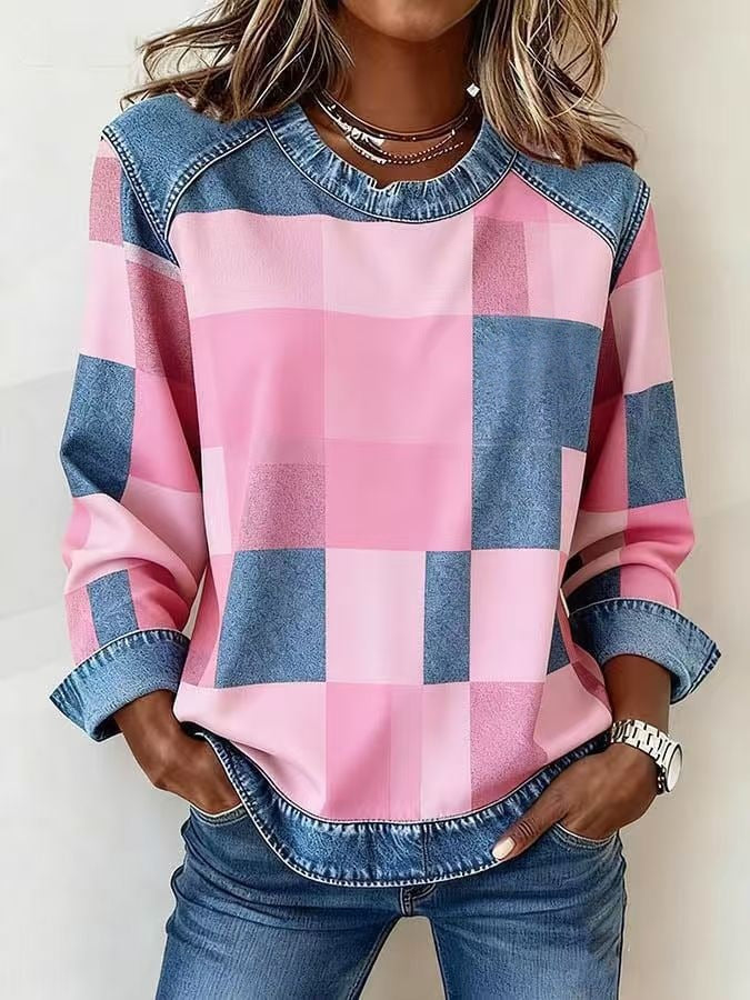 Denim Patchwork Sweatshirt Women – Relaxed Urban Style