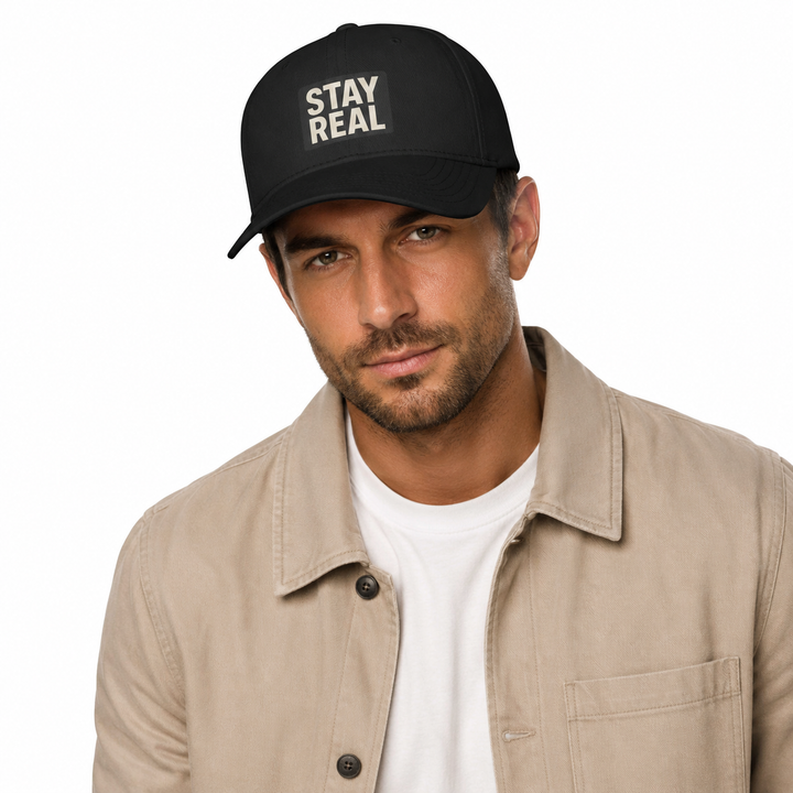 Breathable cotton twill dad hat with adjustable Velcro closure, relaxed crown and minimalist Stay Real casual look for daily.