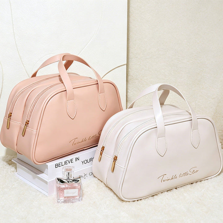 Cosmetic storage bag product view highlighting zipper closure and structured shape, displayed clearly for product comparison.