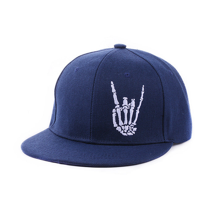 Close-up front panel of blue retro flat brim hip hop cap showing clean polyester fabric finish
