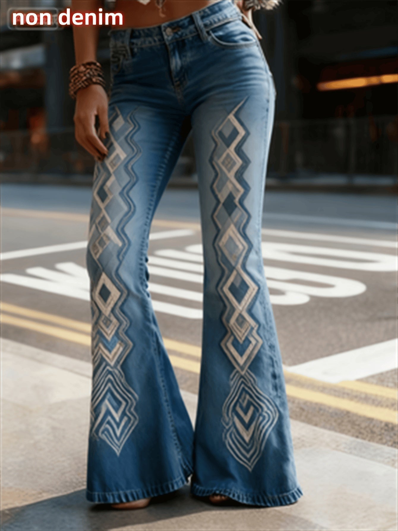 womens flare jeans light wash flare trousers with geometric side artwork, five-pocket look for everyday wear
